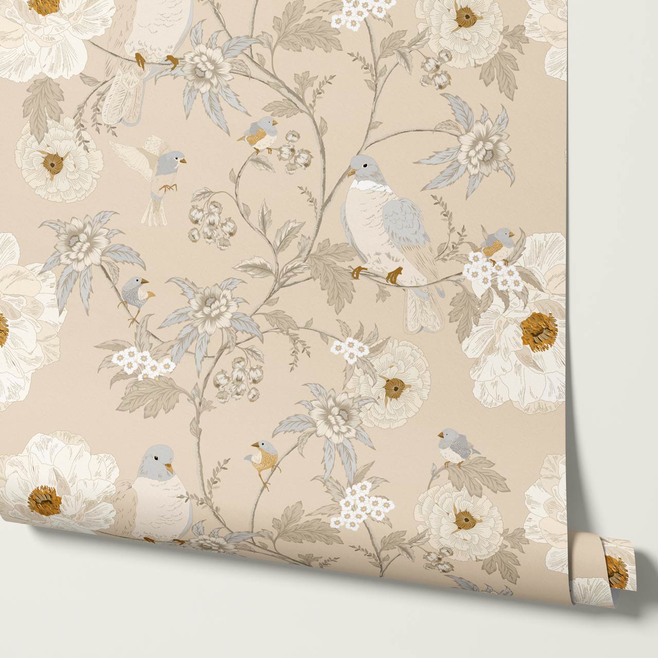 Lulee Whispering Dove Chinoiserie Taupe Wallpaper