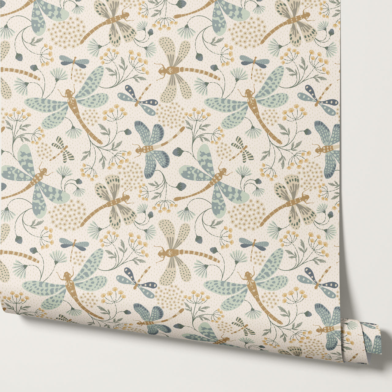 Madeline Dragonflies and Flowers Sage Wallpaper