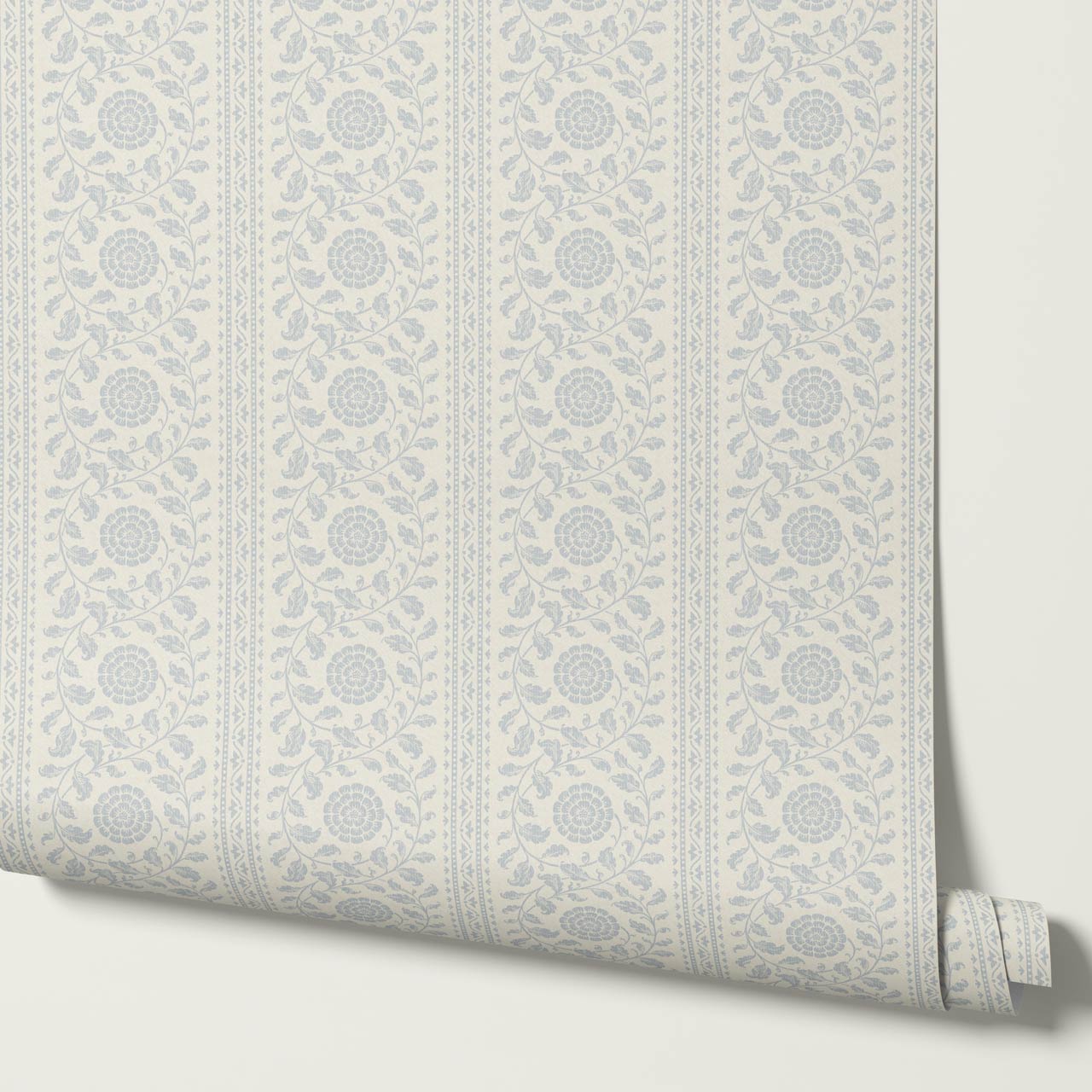 Madelyn Scrolling Floral Stripes French Blue Wallpaper