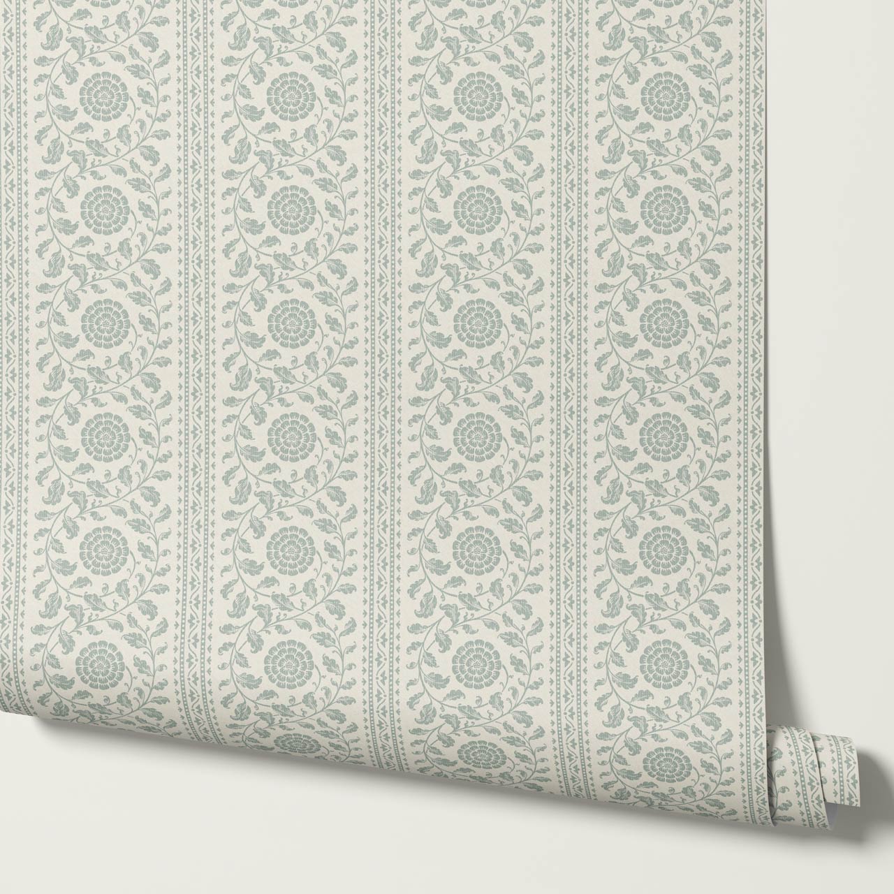 Madelyn Scrolling Floral Stripes Sea Glass Wallpaper