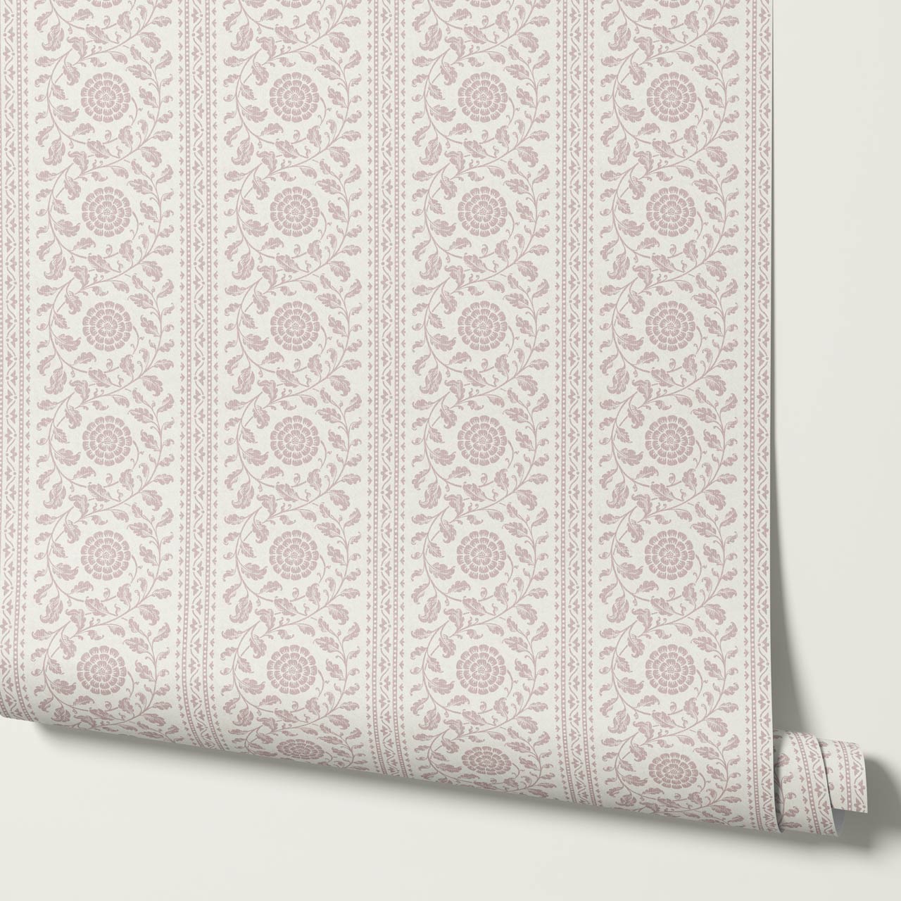 Madelyn Scrolling Floral Stripes Rose Dust Wallpaper