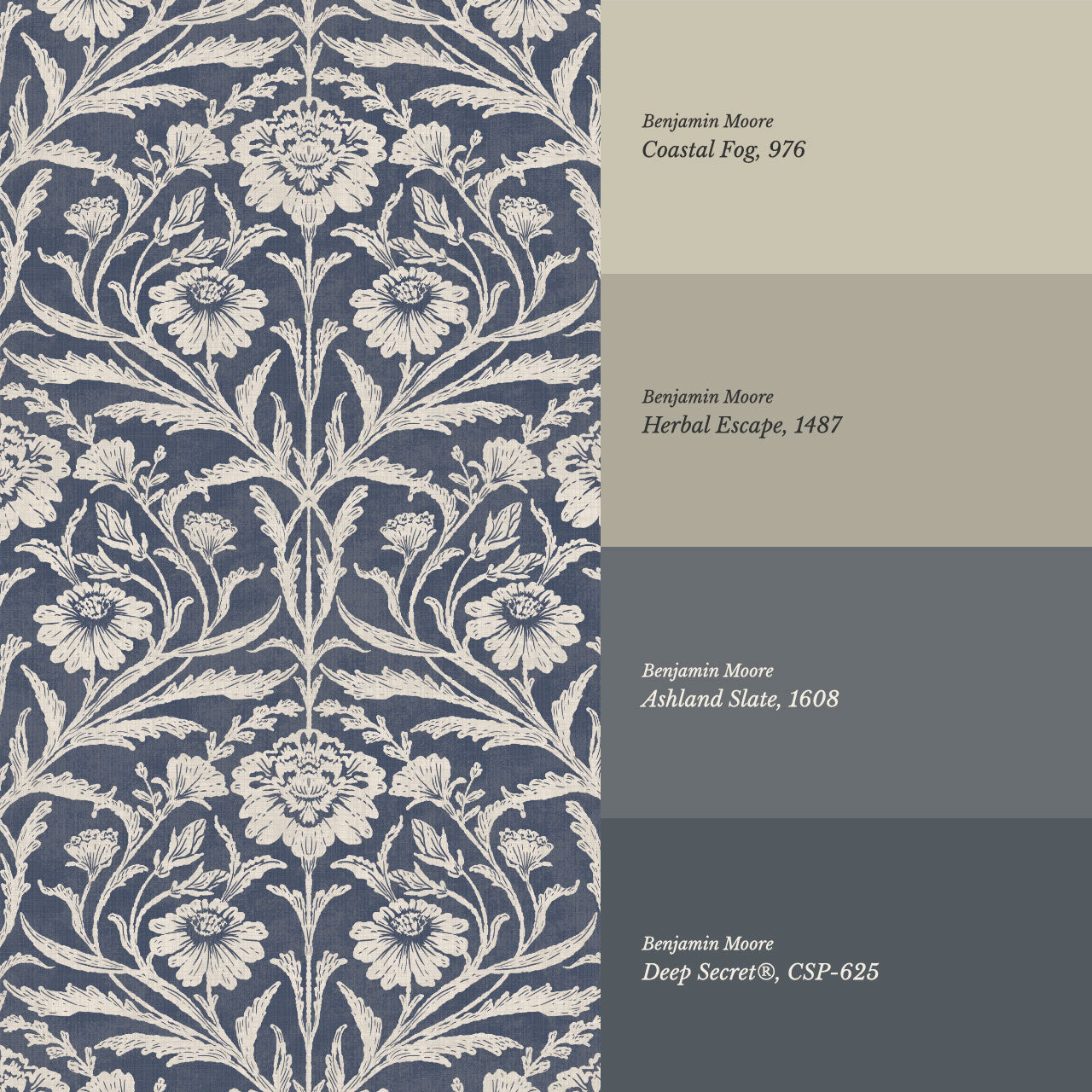 Madison Block Print Floral Damask Navy Wallpaper