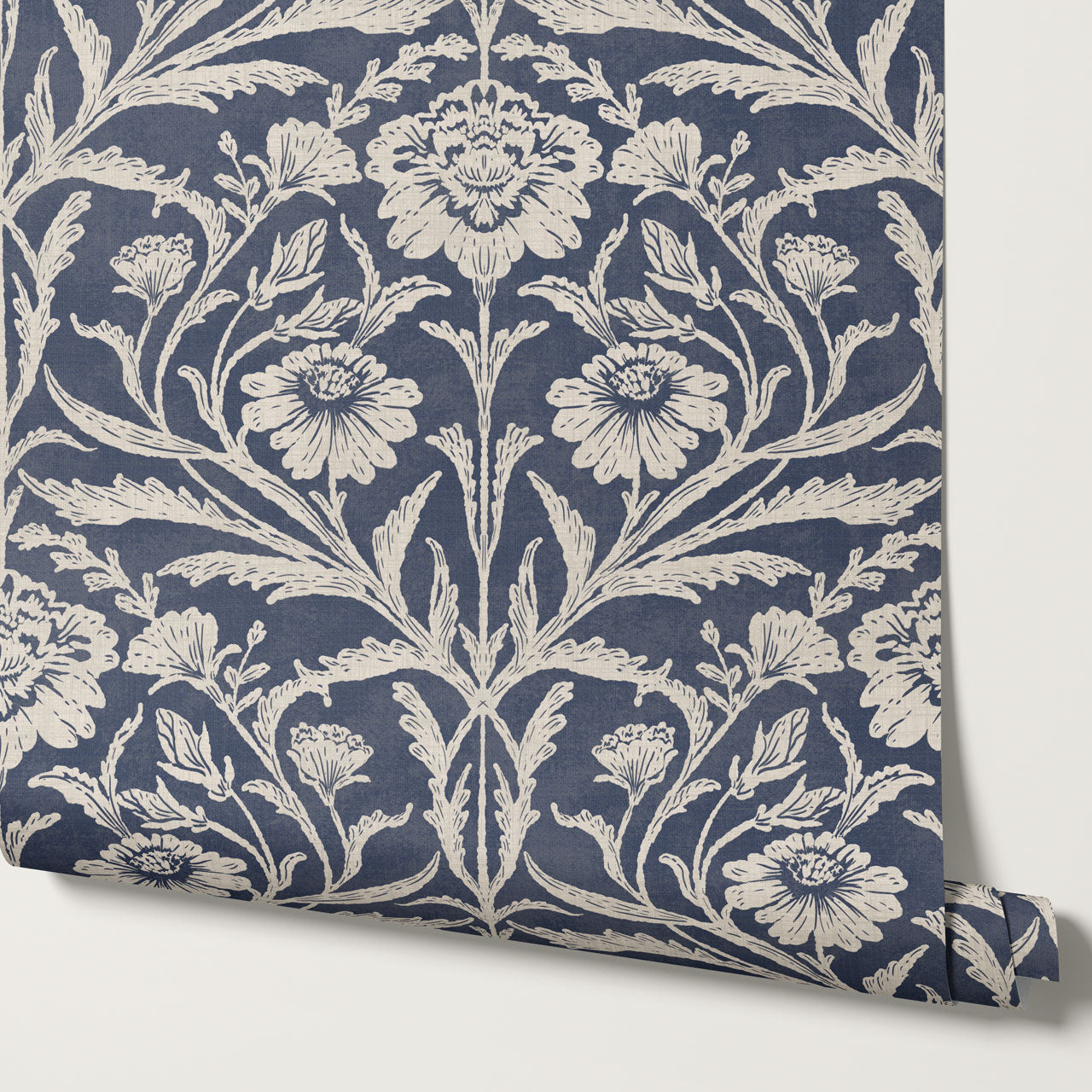 Madison Block Print Floral Damask Navy Wallpaper
