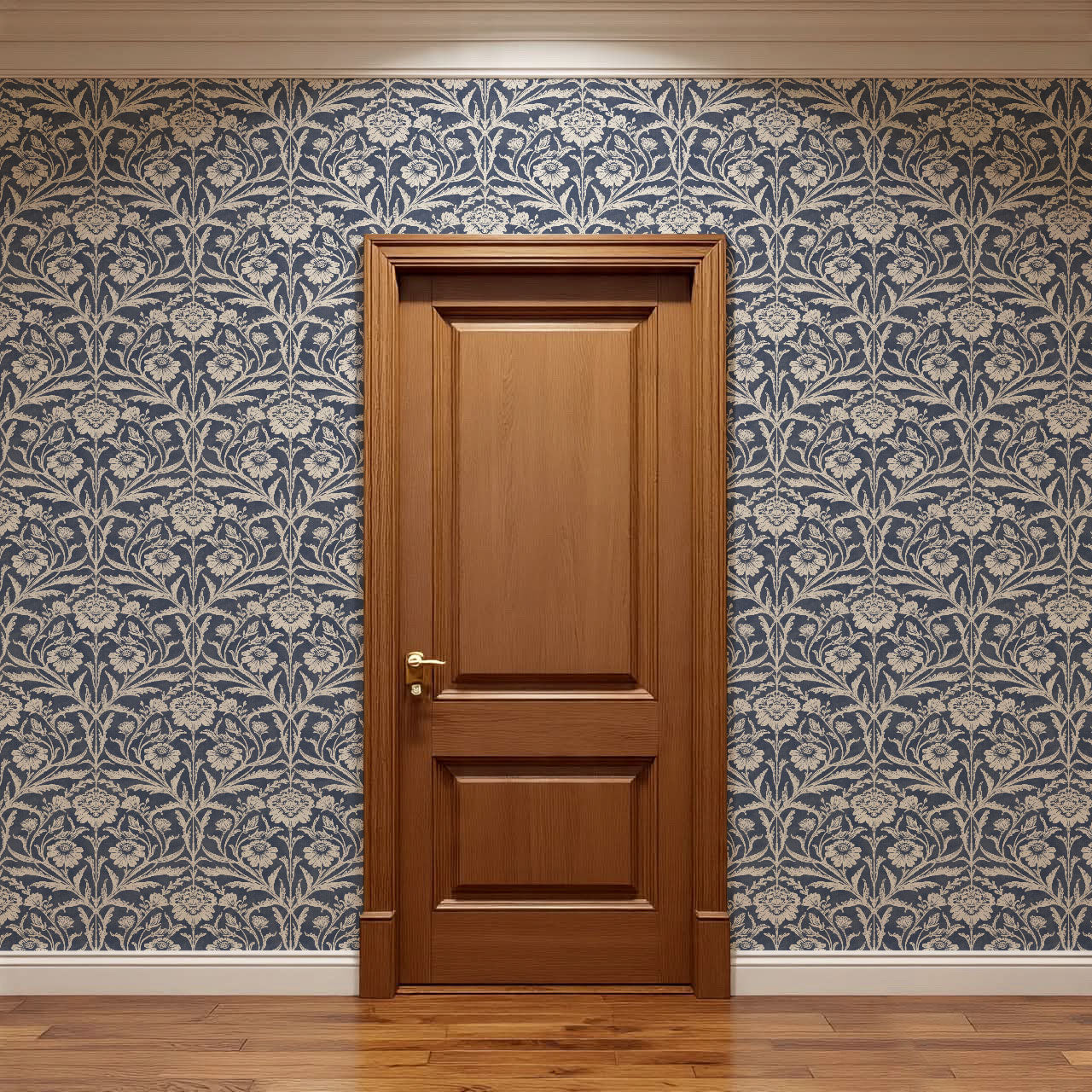 Madison Block Print Floral Damask Navy Wallpaper
