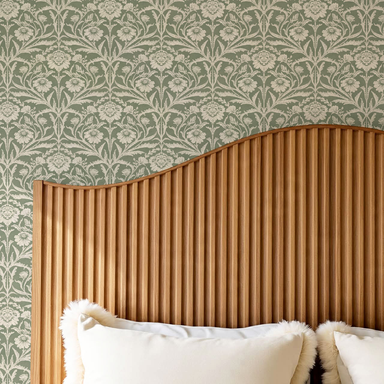 Madison Block Print Floral Damask Sage Wallpaper