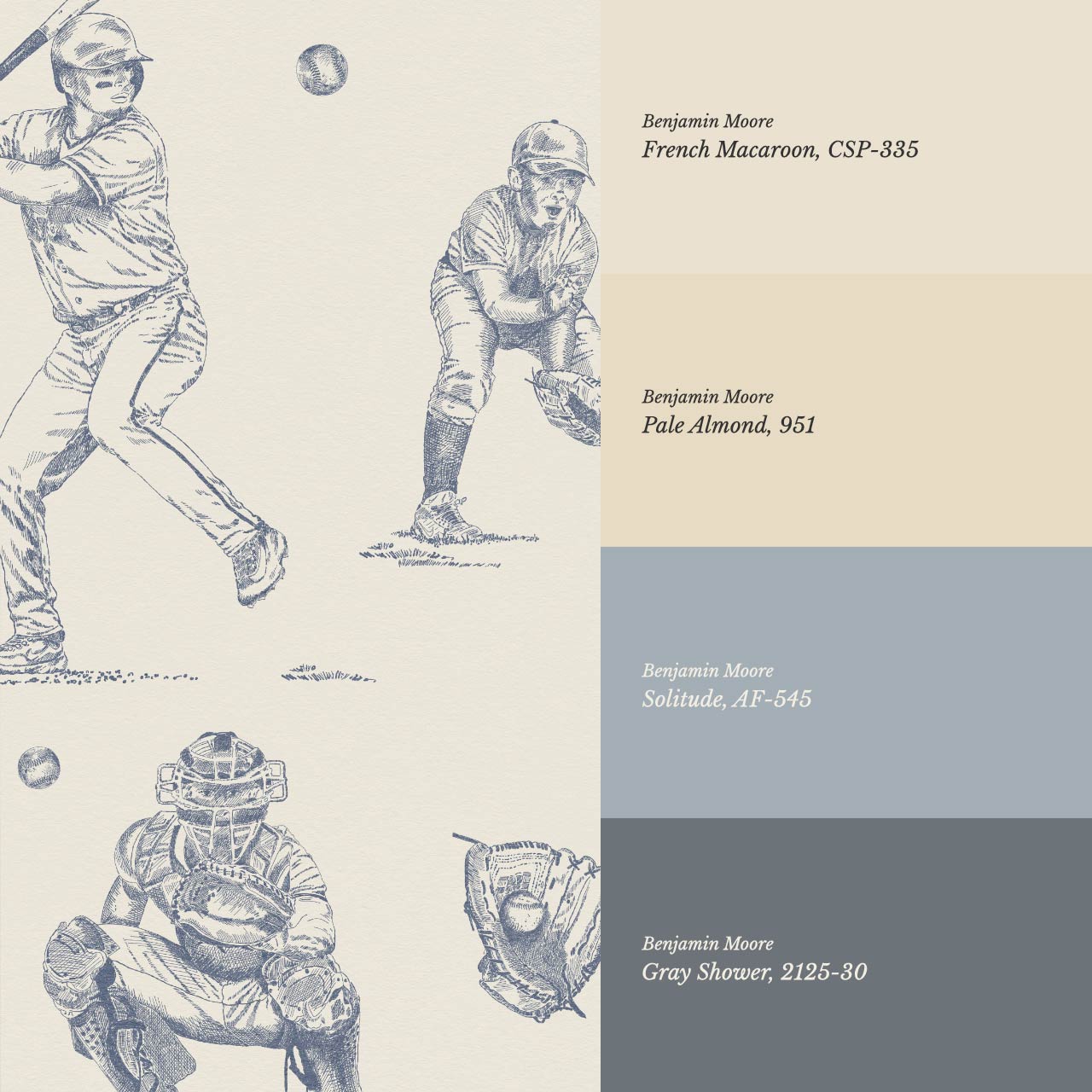 Marco Classic Baseball Toile Blue Slate Taupe Wallpaper