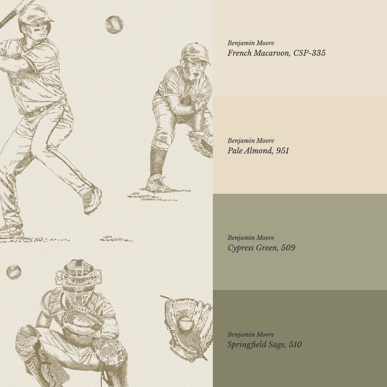 Marco Classic Baseball Toile Olive Taupe Wallpaper