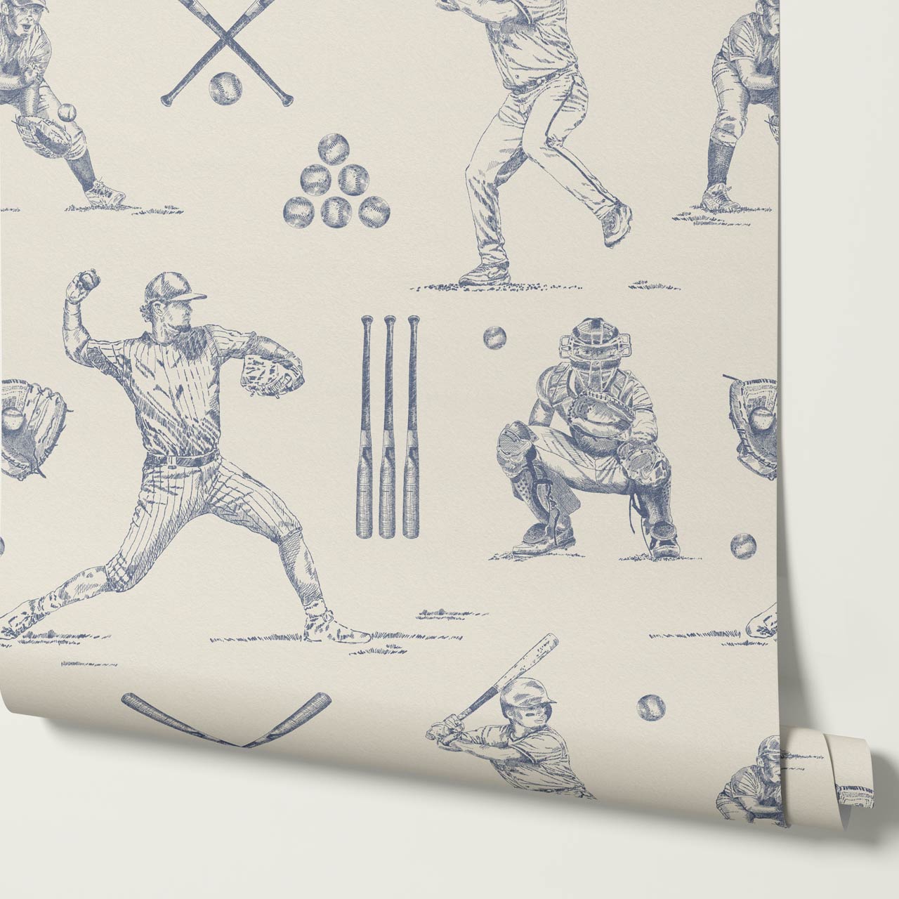 Marco Classic Baseball Toile Blue Slate Taupe Wallpaper