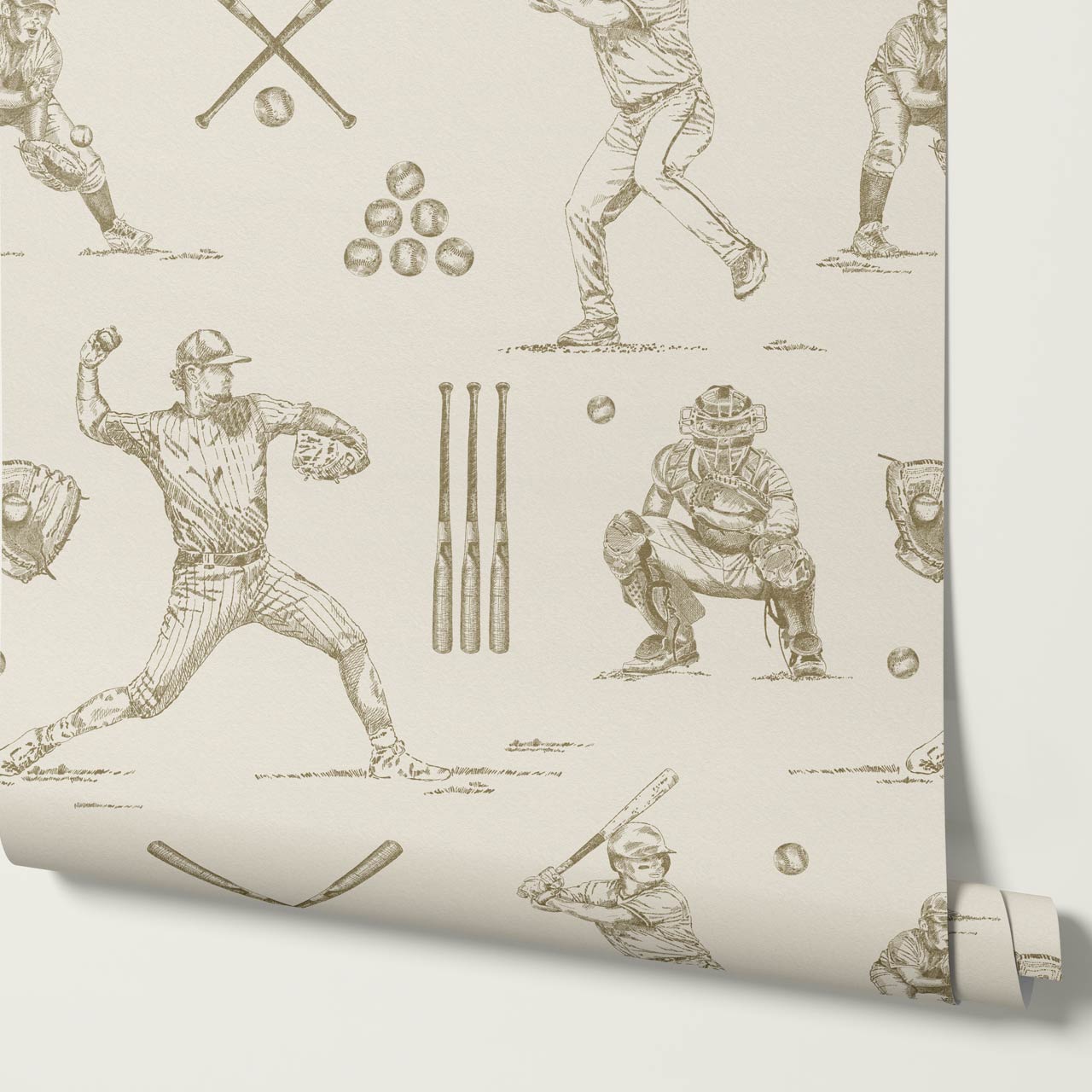 Marco Classic Baseball Toile Olive Taupe Wallpaper