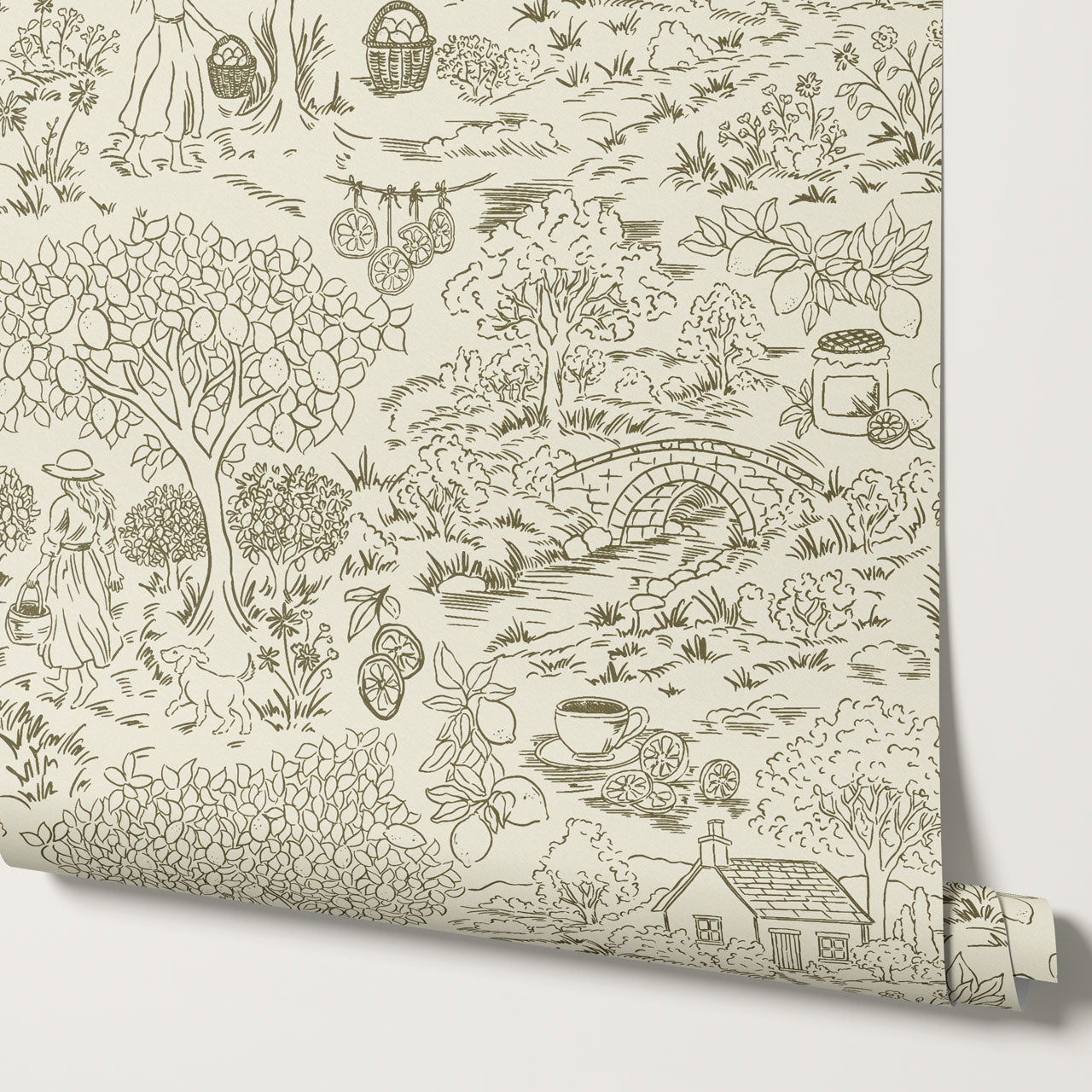 Margaux Countryside Lemon Toile Moss Green Wallpaper