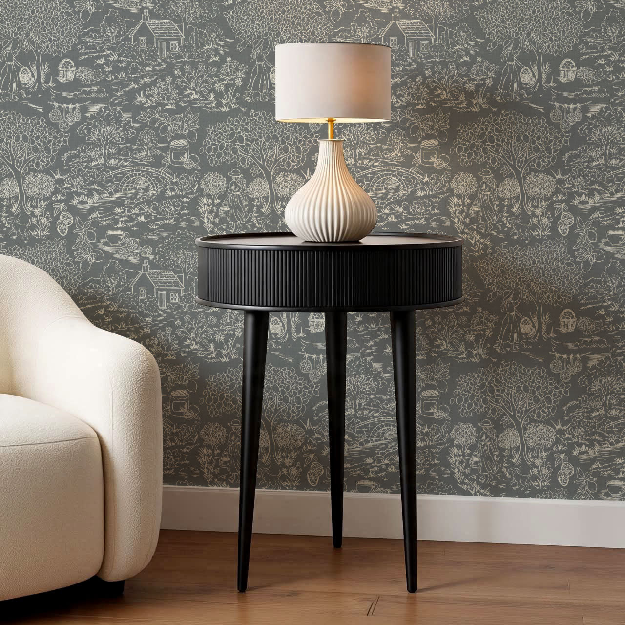 Margaux Countryside Lemon Toile Slate Wallpaper