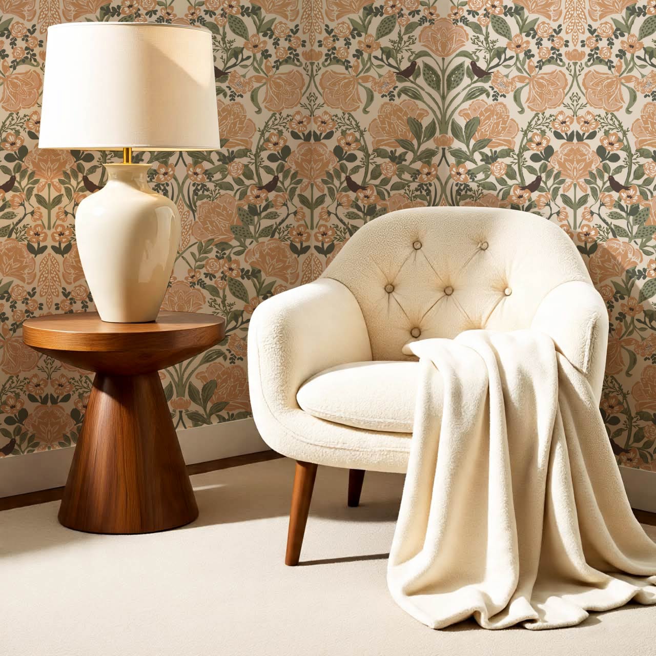 Marisol Ornamental Floral Taupe Peach Wallpaper