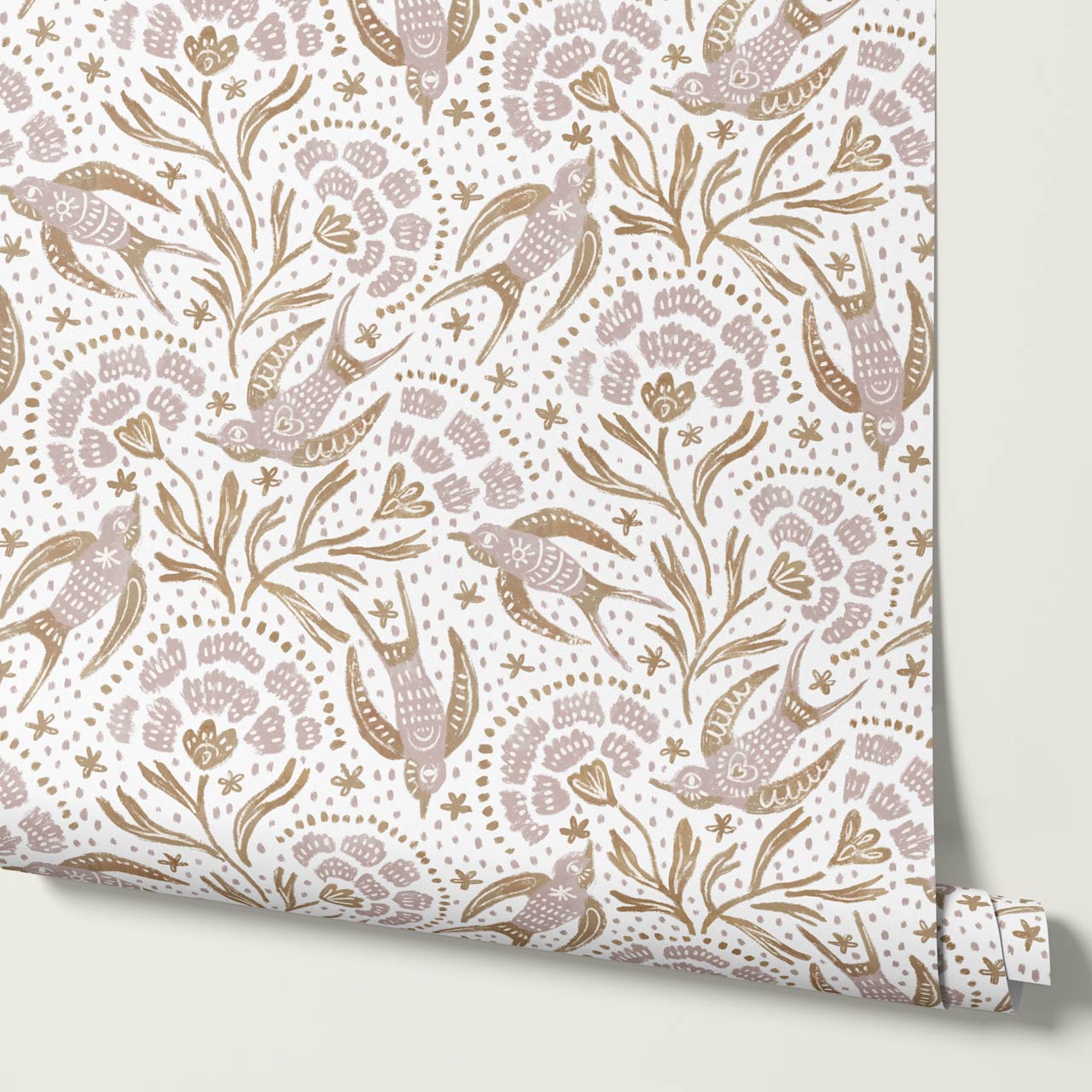 Martina Happy Folk Birds Pale Berry Olive Wallpaper