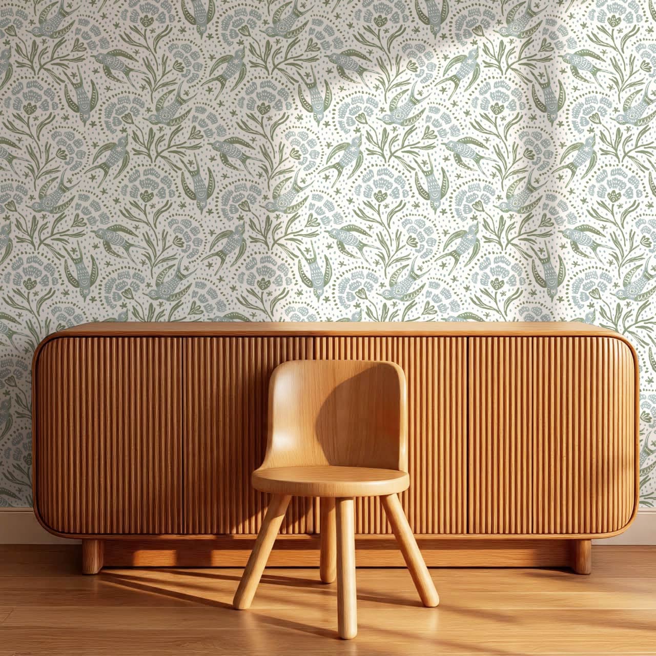 Martina Happy Folk Birds Blue Sage Wallpaper