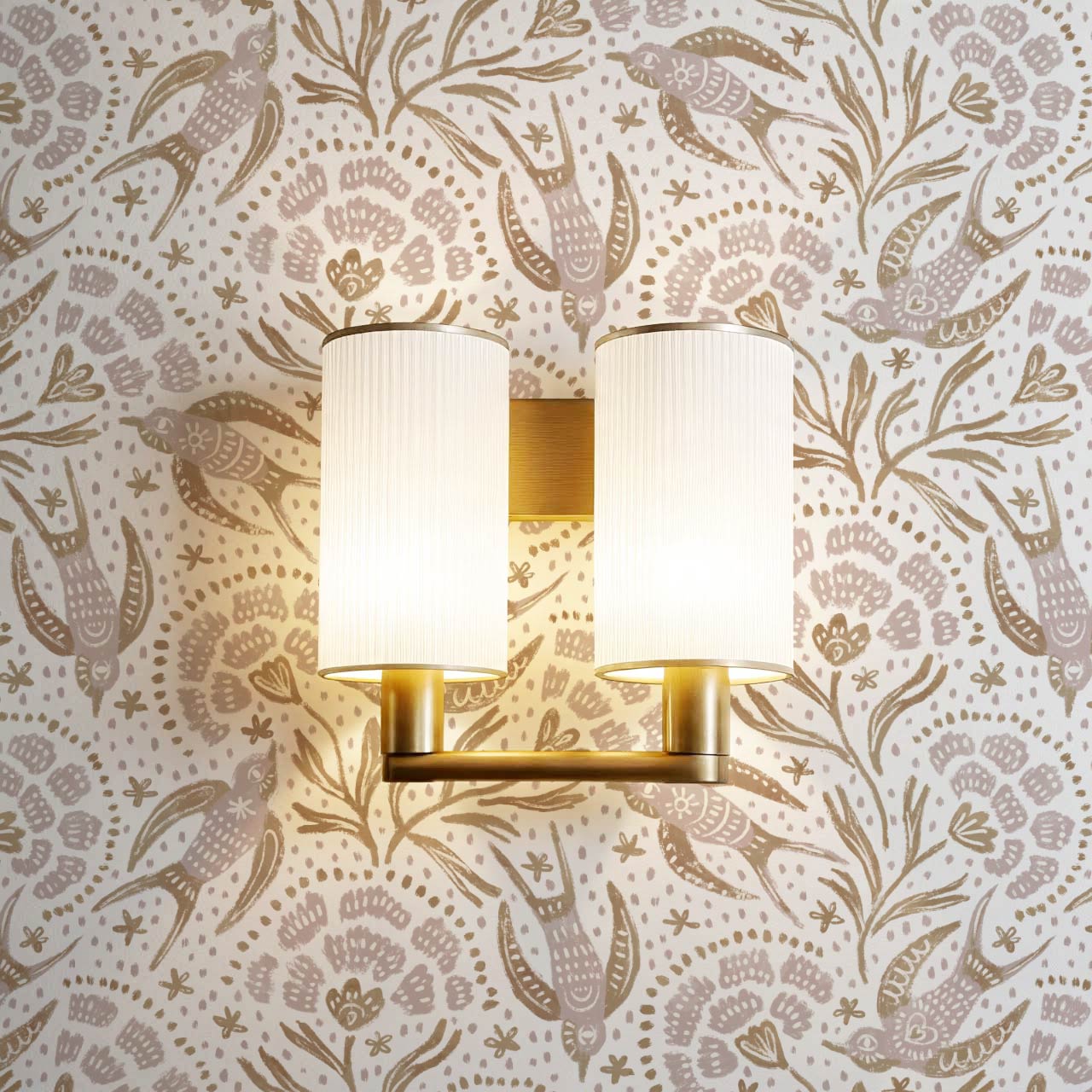 Martina Happy Folk Birds Pale Berry Olive Wallpaper