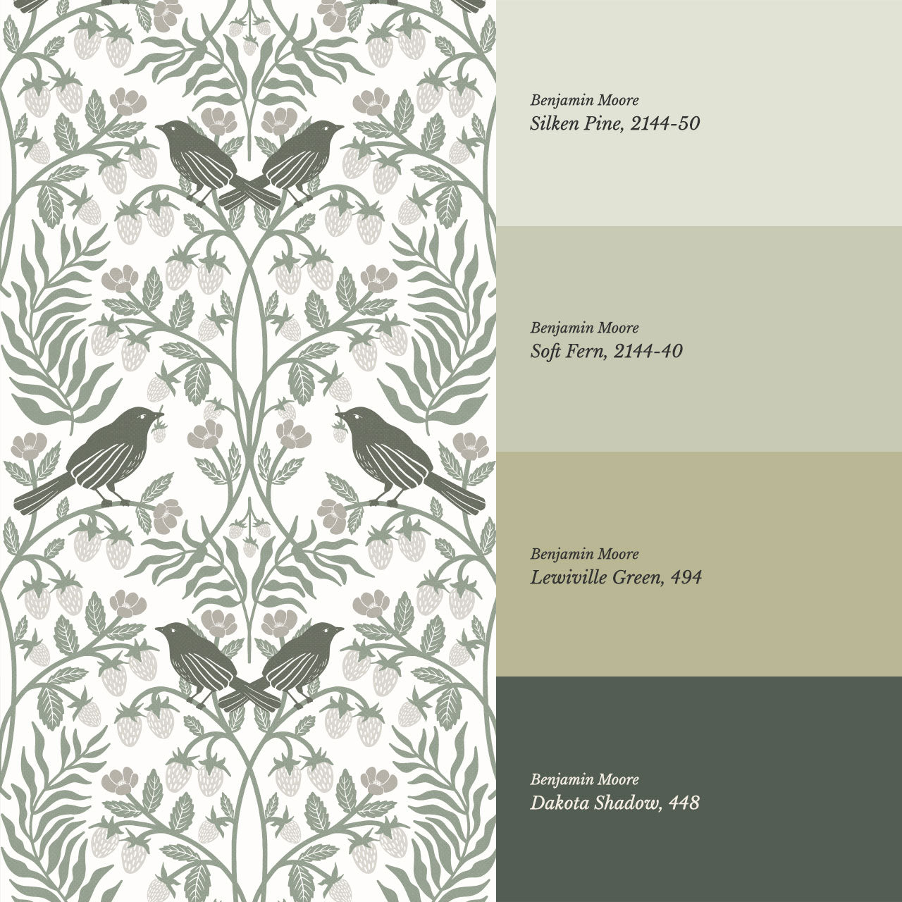 Mathilde Strawberries and Songbirds Dry Sage Wallpaper
