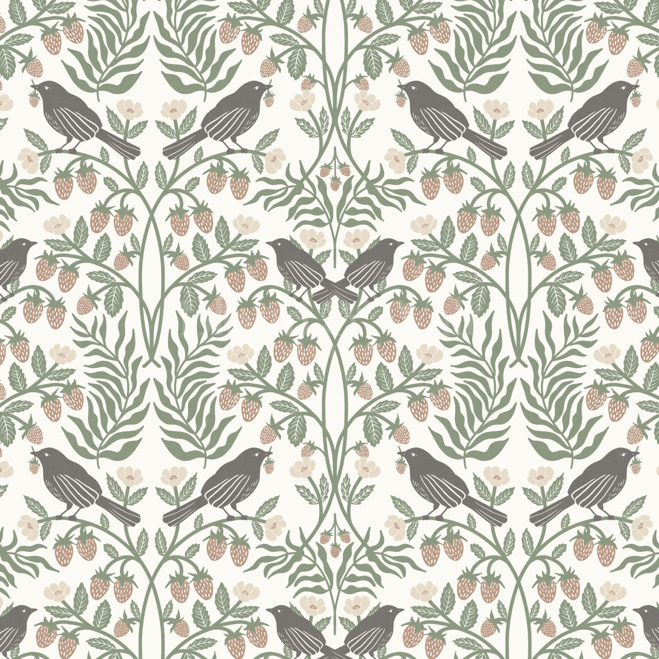 Mathilde Strawberries and Songbirds Sage Wallpaper