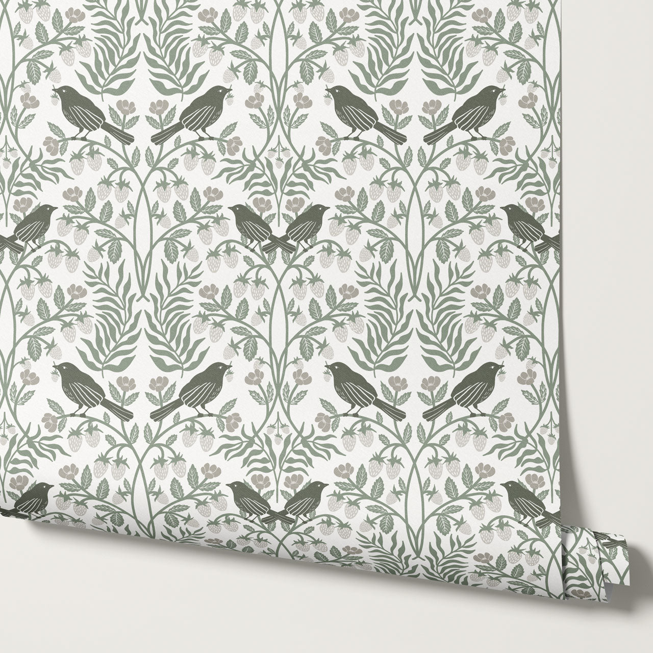 Mathilde Strawberries and Songbirds Dry Sage Wallpaper