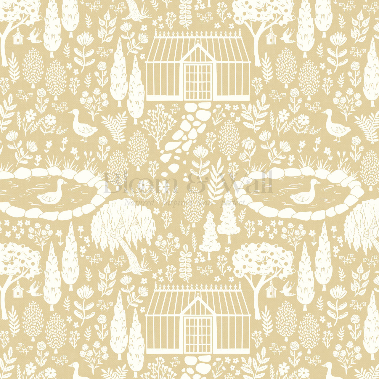 McKenna Garden & Geese Toile Gold Wallpaper