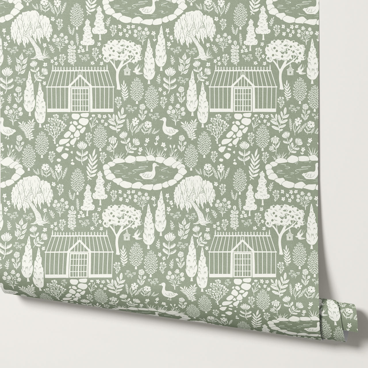 McKenna Garden & Geese Toile Sage Wallpaper