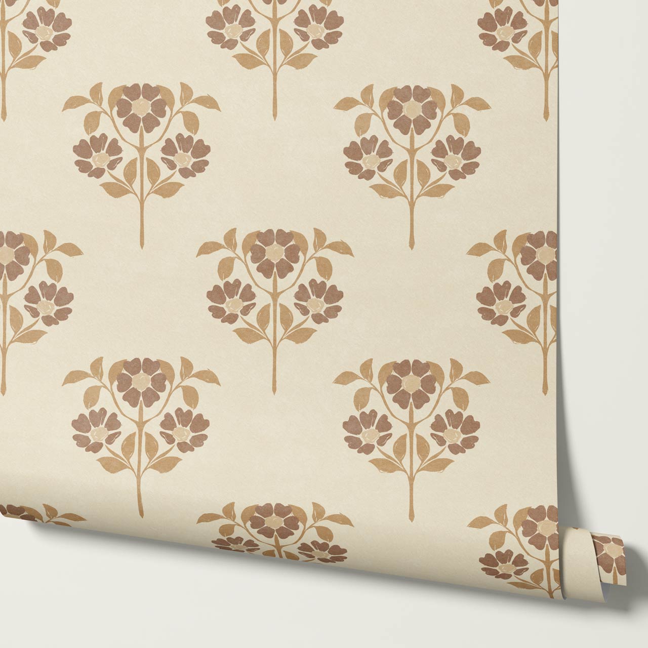 Merike Wild Rose Block Print Beige Brown Wallpaper