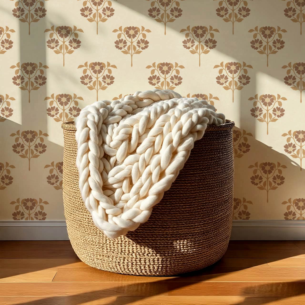 Merike Wild Rose Block Print Beige Brown Wallpaper