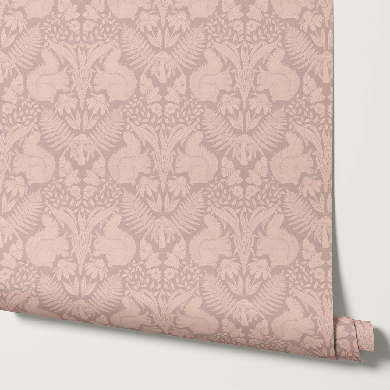 Milvi Large Squirrels Damask Mauve Coral Wallpaper