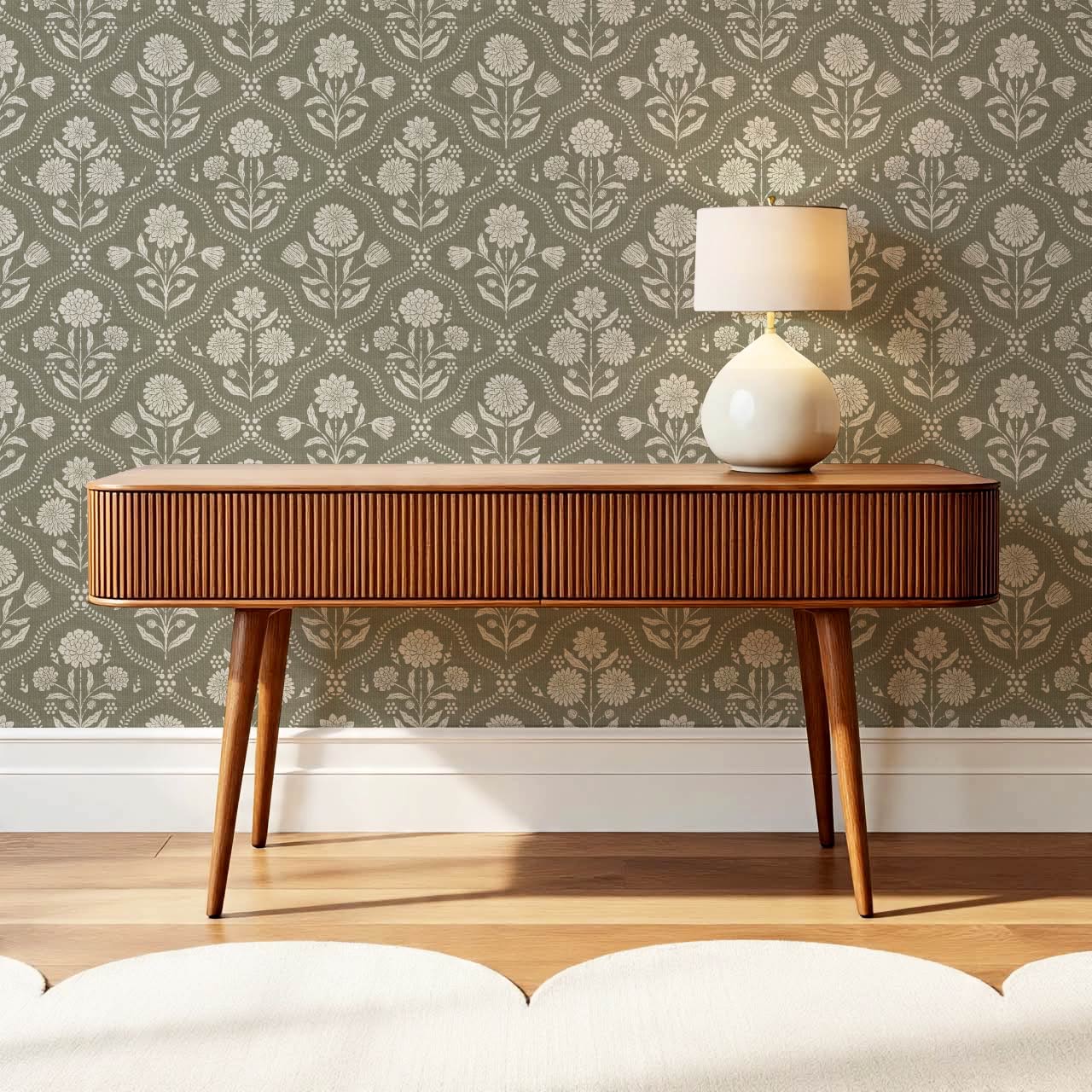 Mimi Heritage Floral Trellis Stone Olive Wallpaper