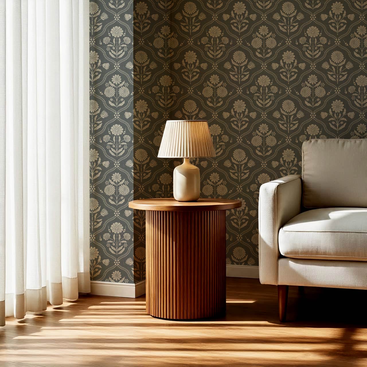 Mimi Heritage Floral Trellis Slate Ivory Wallpaper