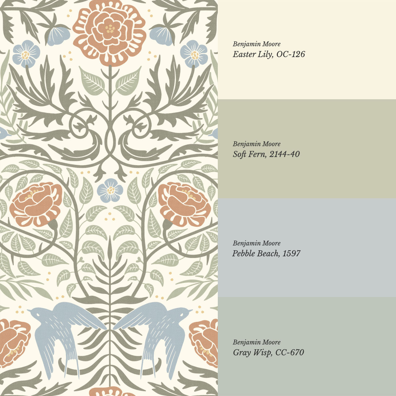 Mira Swallows & Roses Sky Sage Wallpaper