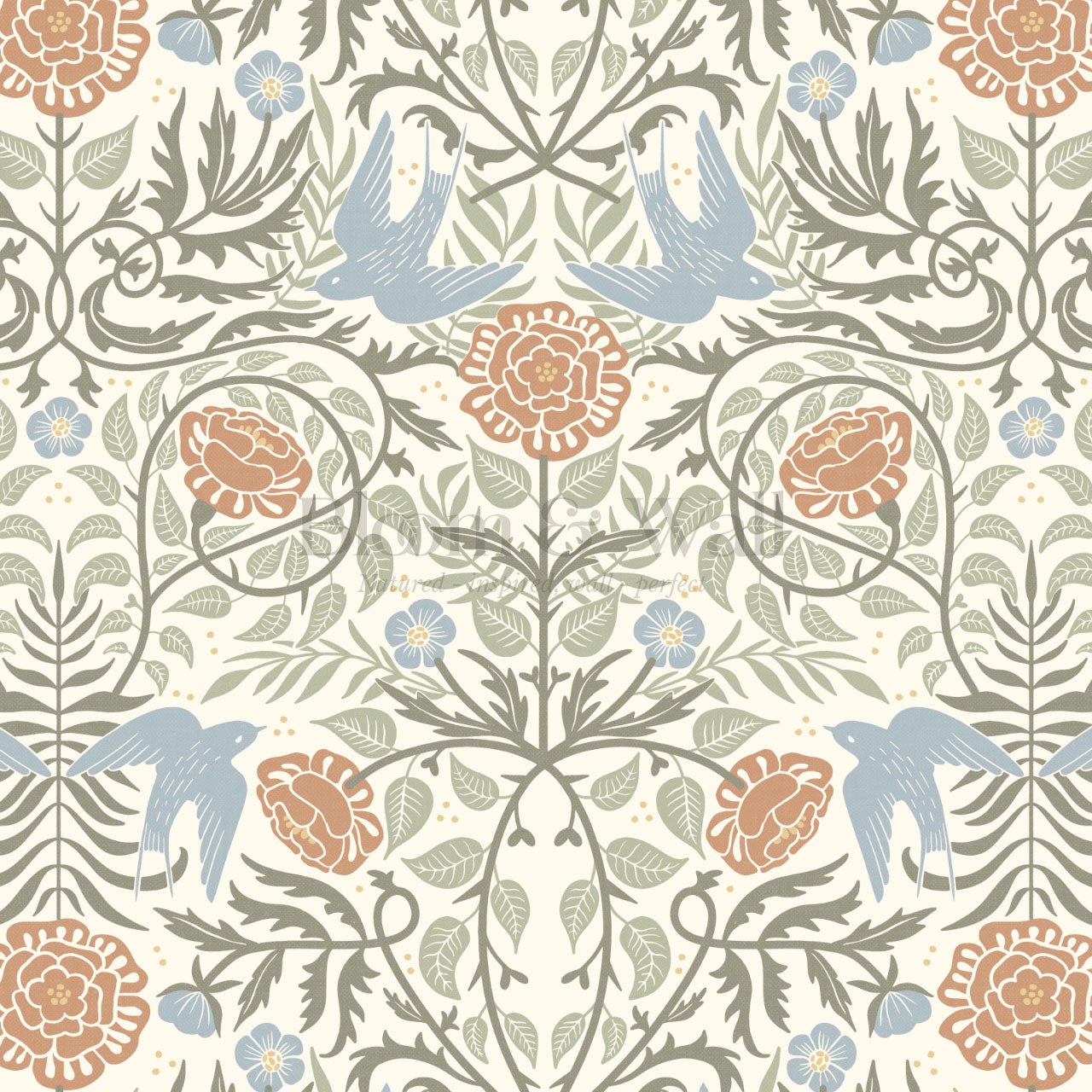 Mira Swallows & Roses Sky Sage Wallpaper