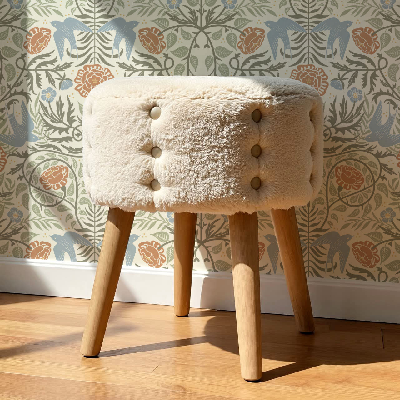 Mira Swallows & Roses Sky Sage Wallpaper