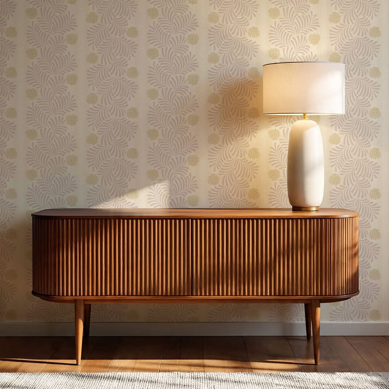 Mirabelle Japandi Botanical Stripes Plum Wallpaper