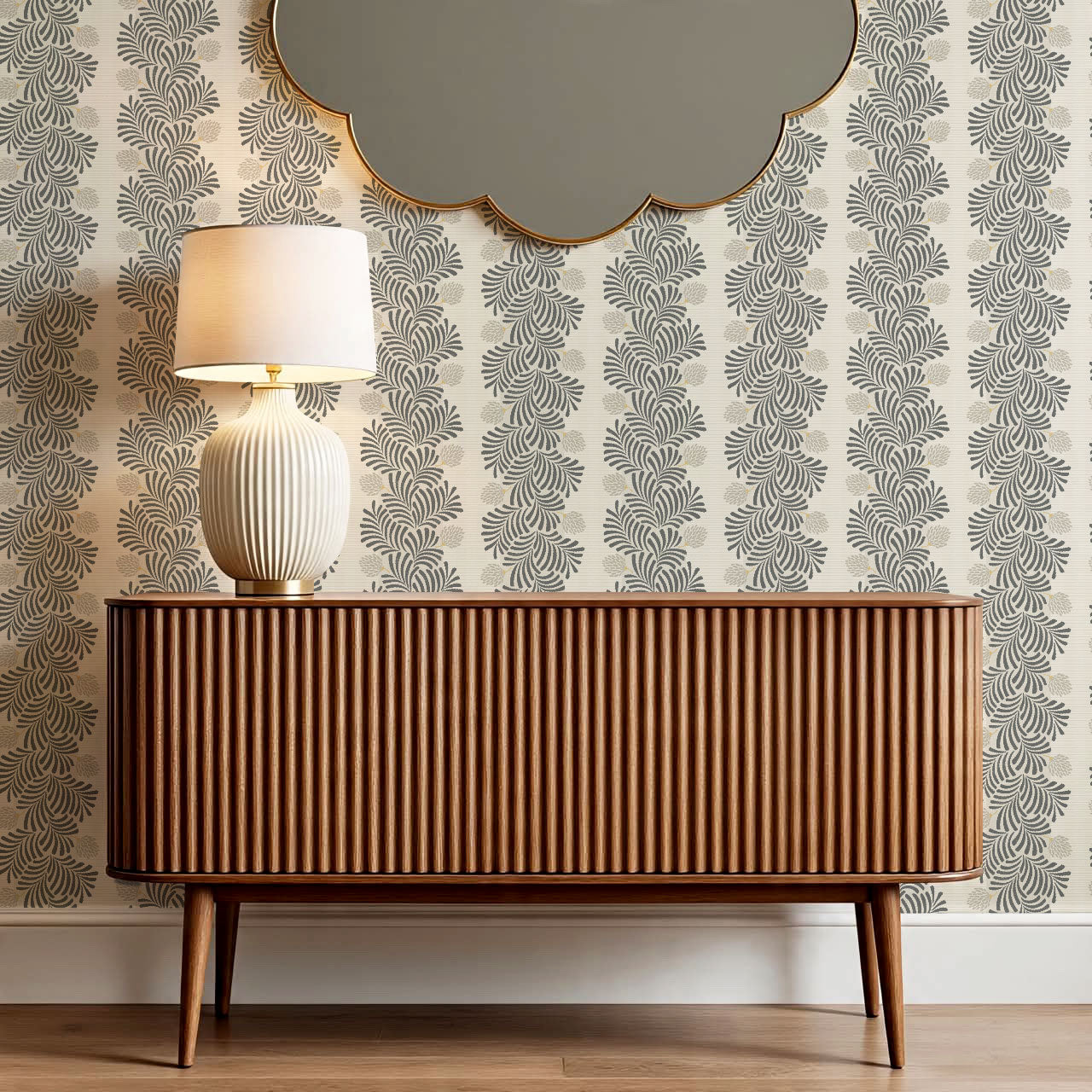 Mirabelle Japandi Botanical Stripes Slate Wallpaper