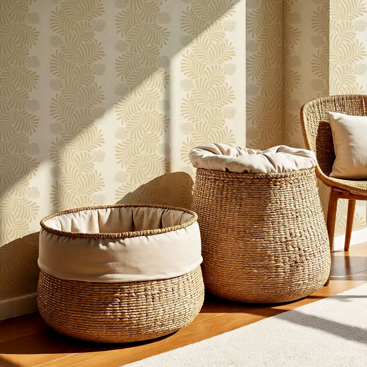 Mirabelle Japandi Botanical Stripes Yellow Wallpaper
