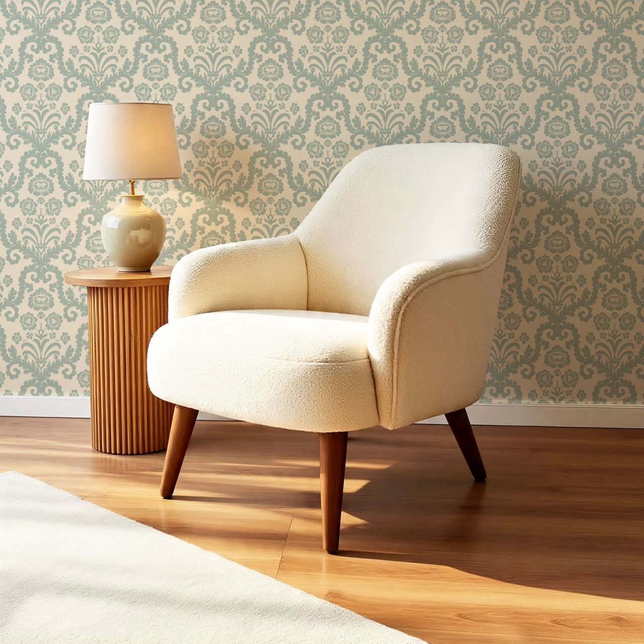 Molly Classic Damask Cream Sage Wallpaper