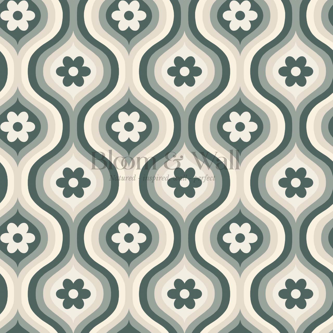 Monica Groovy Daisy Ogee Deep Sea Glass Ivory Wallpaper