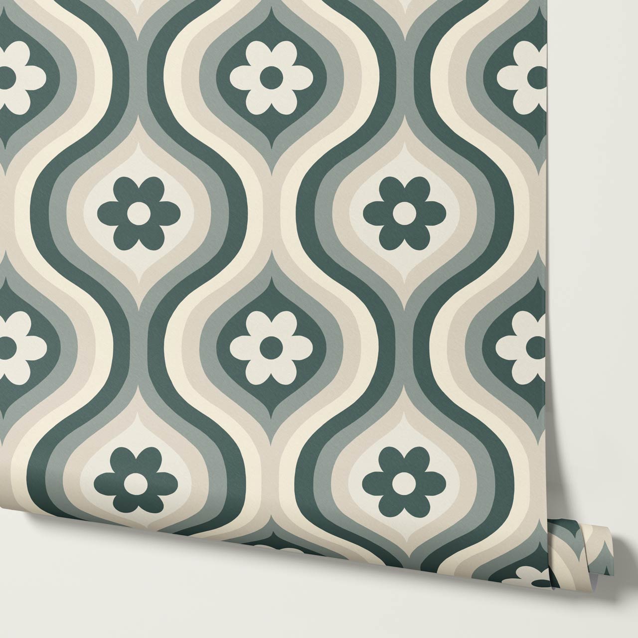 Monica Groovy Daisy Ogee Deep Sea Glass Ivory Wallpaper