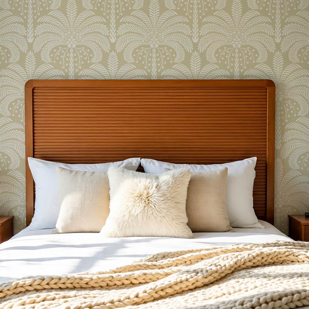 Nadia Large Retro Palms Almond Wallpaper