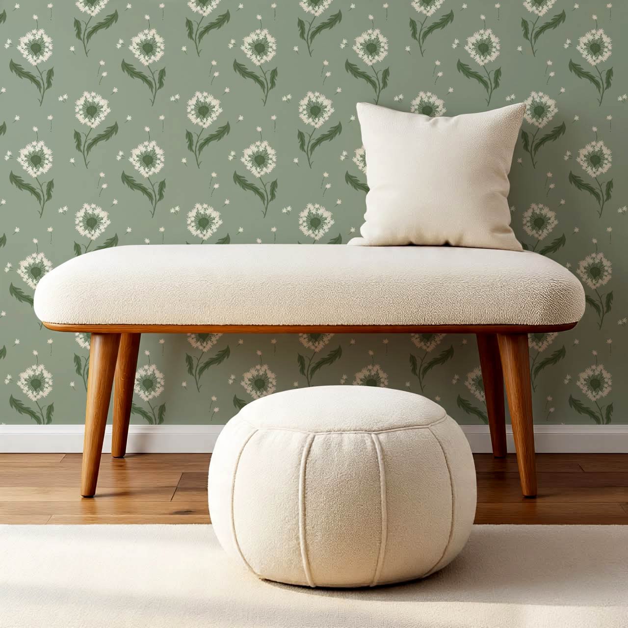Nicolasa Dandelions Green Cream Wallpaper