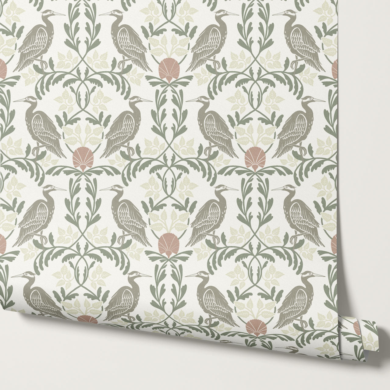 Noa Vintage Art Nouveau Herons Olive Gray Wallpaper