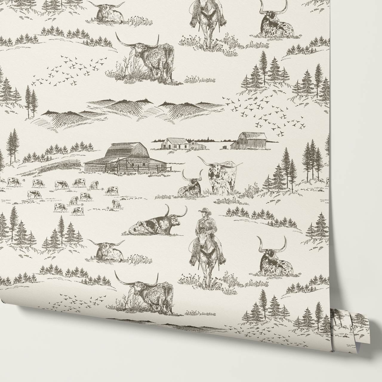 Noemi Western Longhorn Cowboy Charcoal Cream Wallpaper