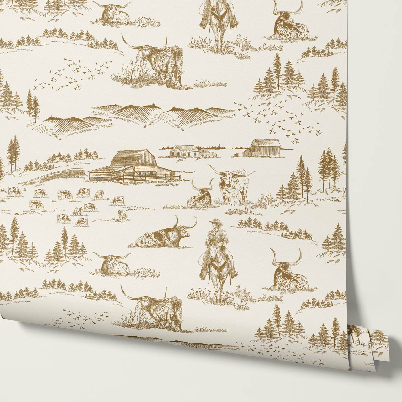 Noemi Western Longhorn Cowboy Olive Cream Wallpaper