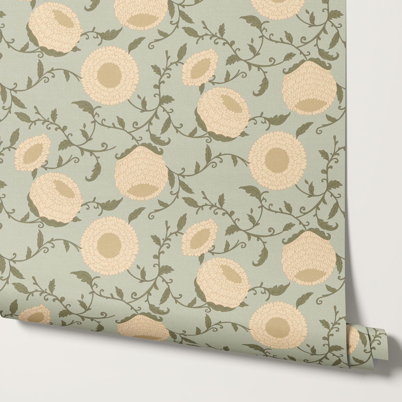 Nora Woodblock Peony Butter Green Wallpaper