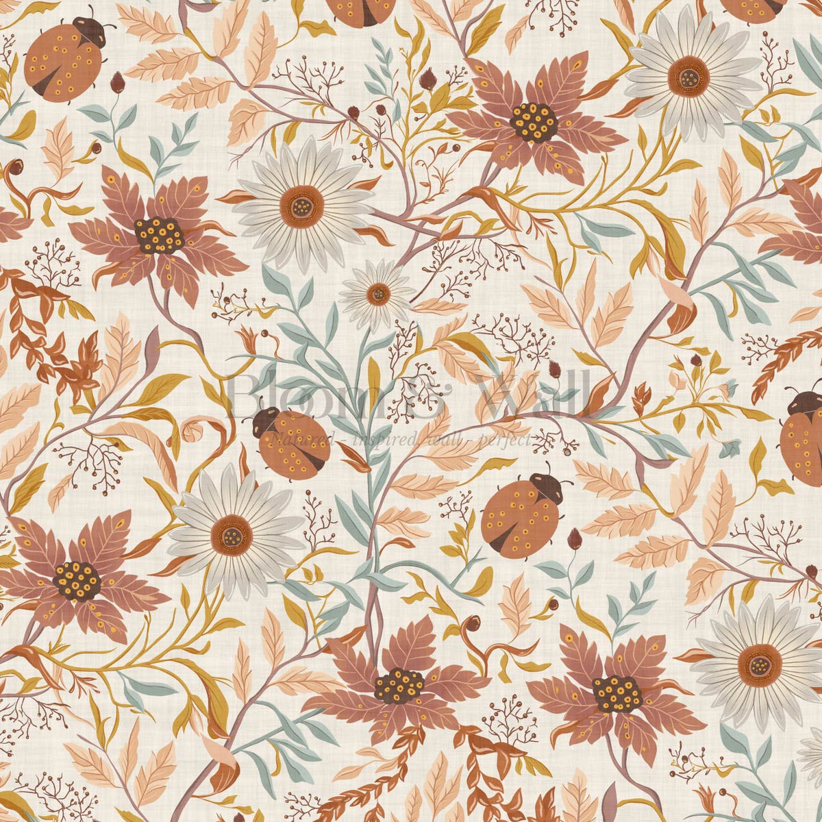 Noreen Ladybugs and Daisies Cream Mauve Rust Wallpaper