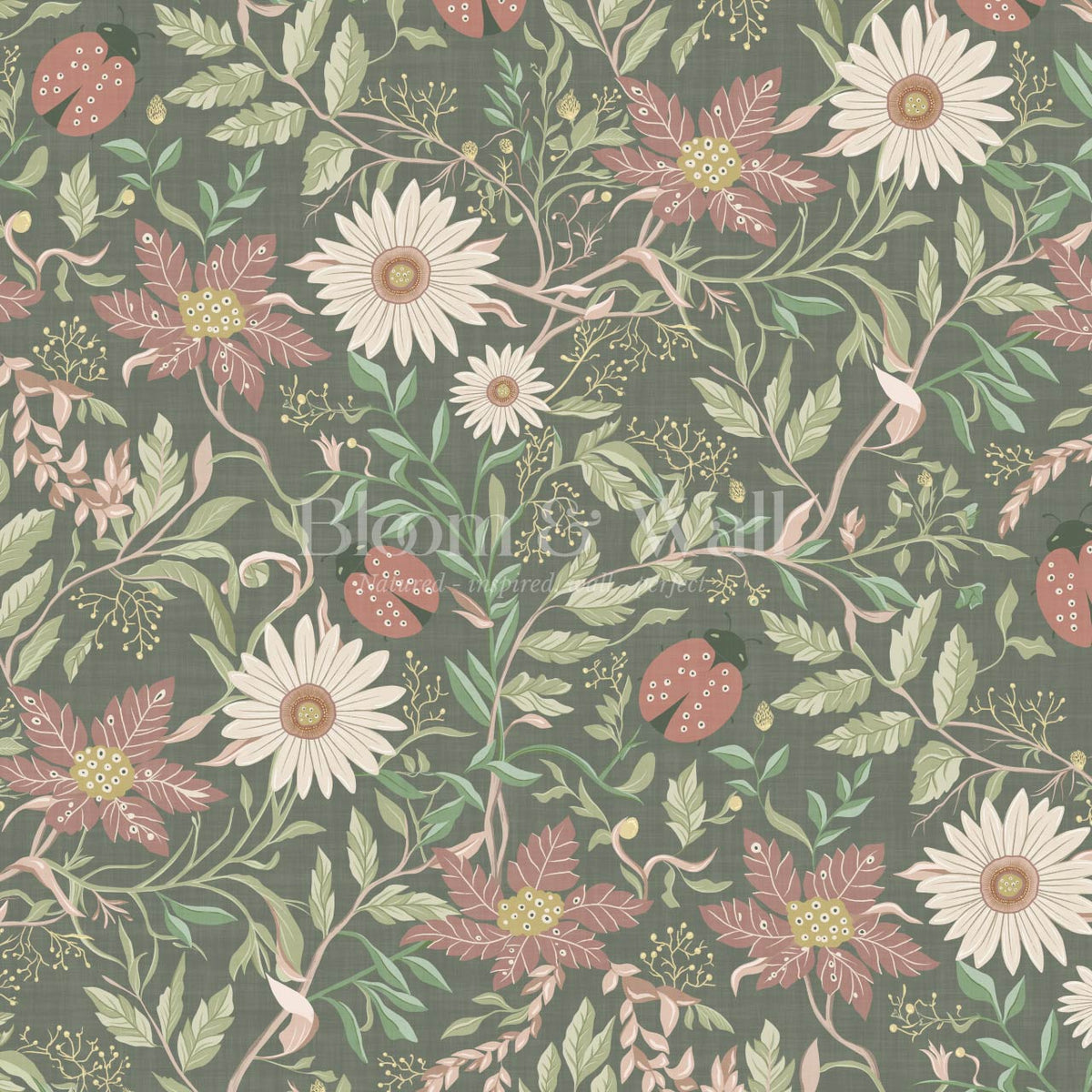 Noreen Ladybugs and Daisies Green Olive Dusty Pink Wallpaper