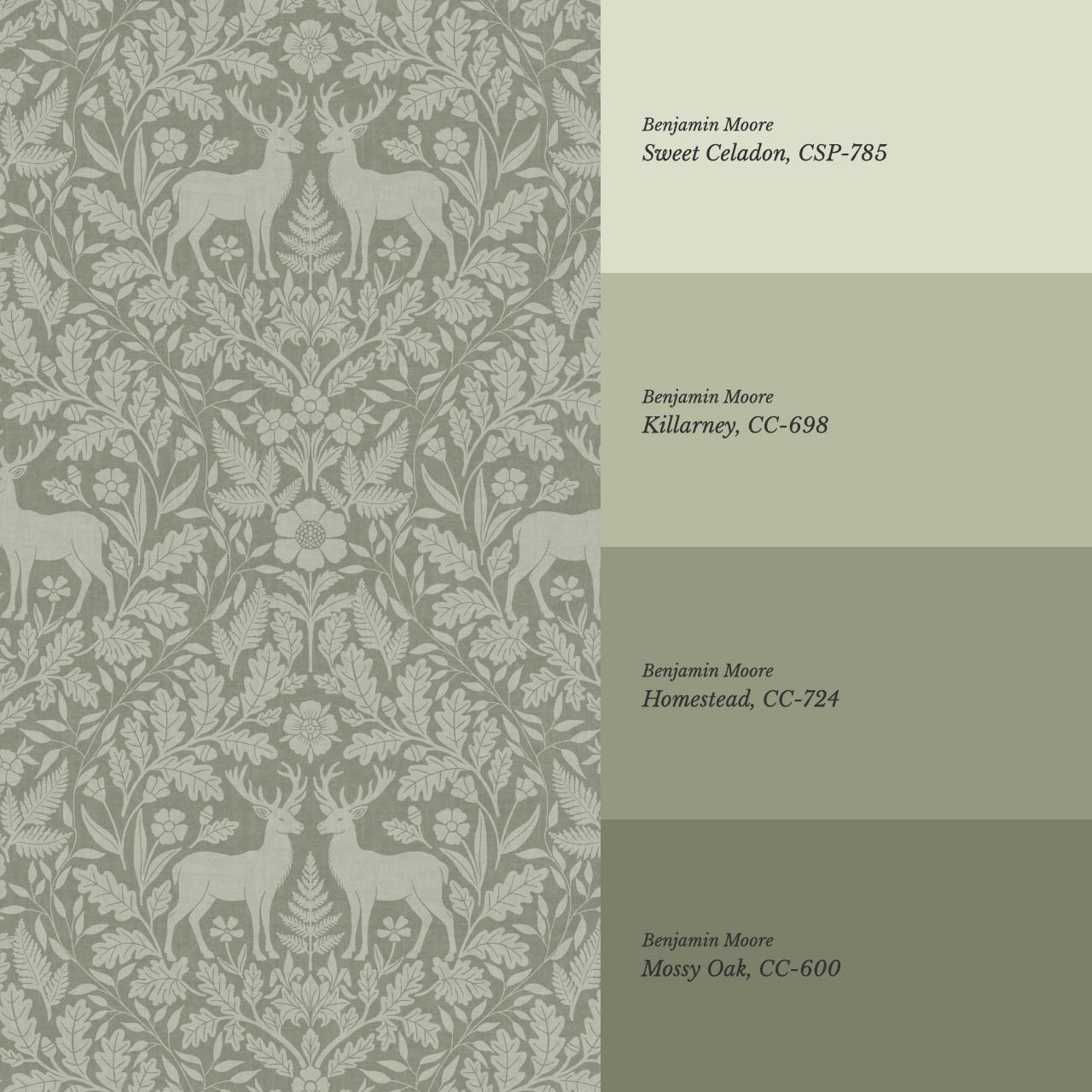 Nefeli Stags Damask Moss Green Wallpaper