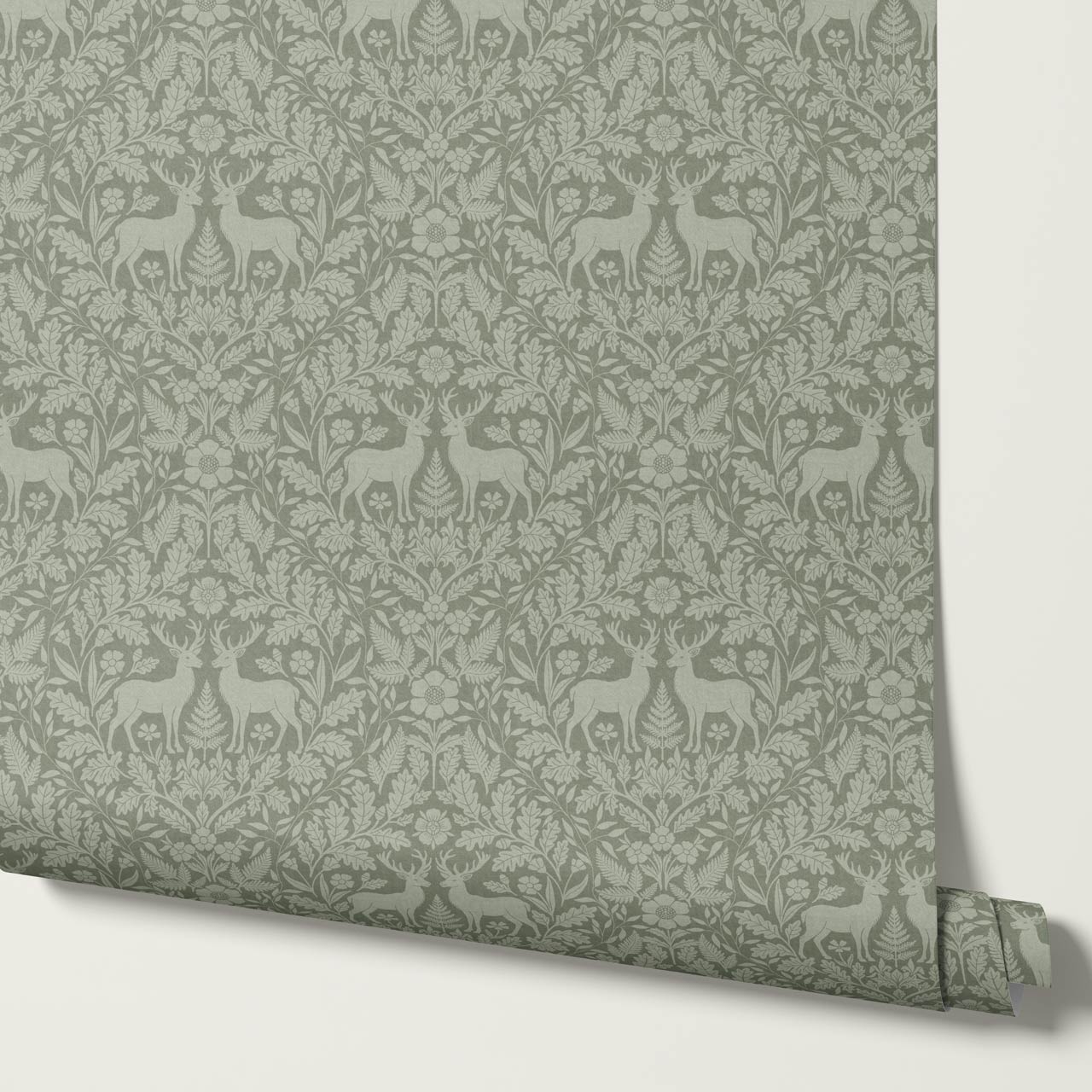 Nefeli Stags Damask Moss Green Wallpaper