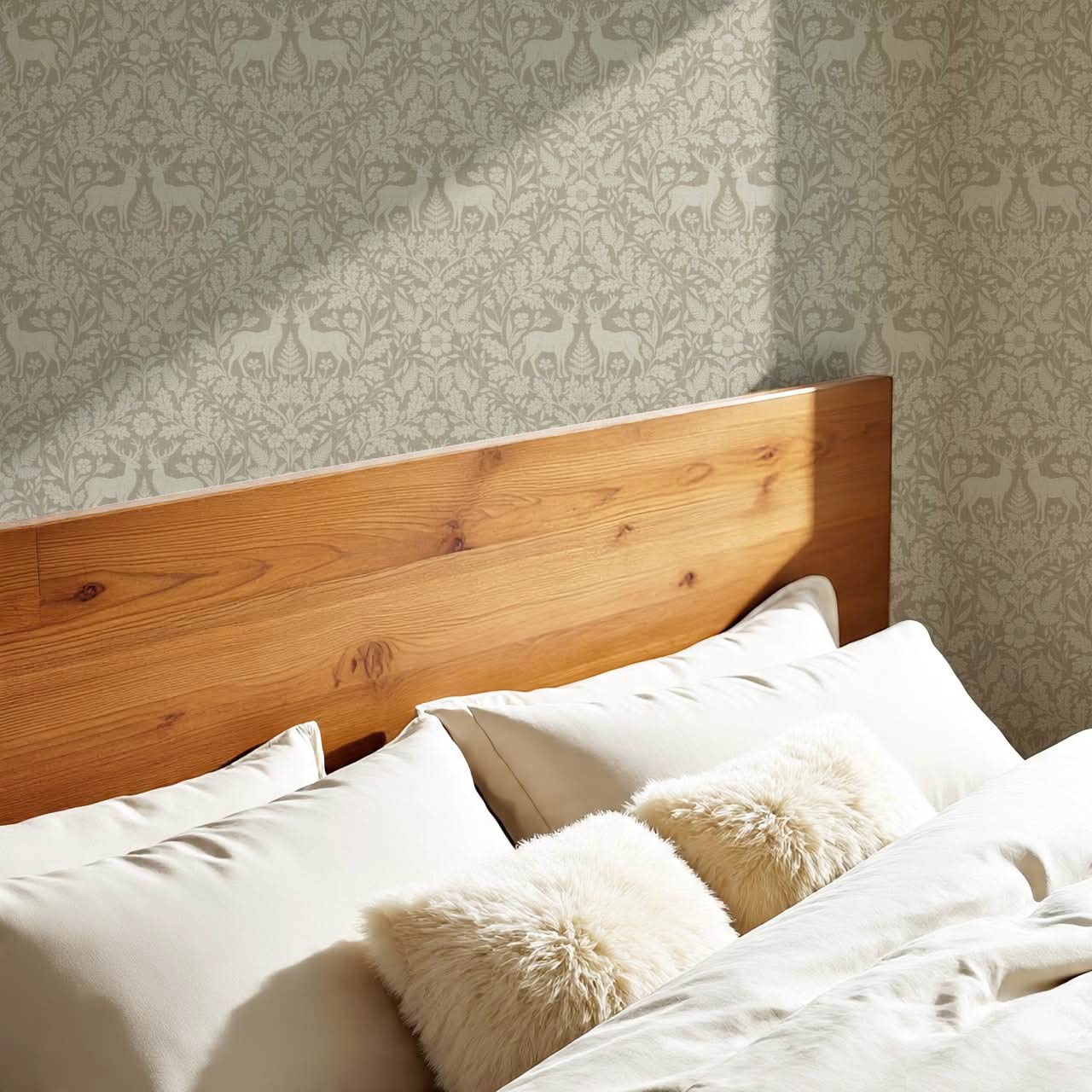 Nefeli Stags Damask Olive Stone Wallpaper