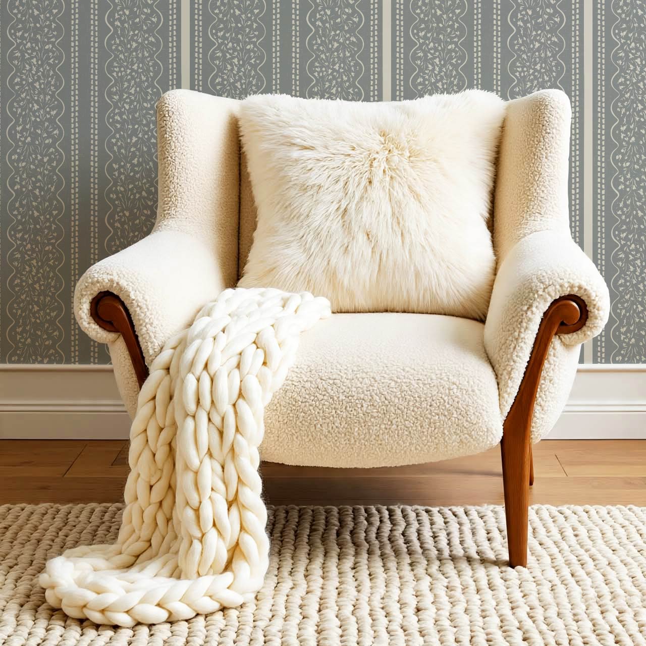 Ophelia Floral Scallop Slate Wallpaper